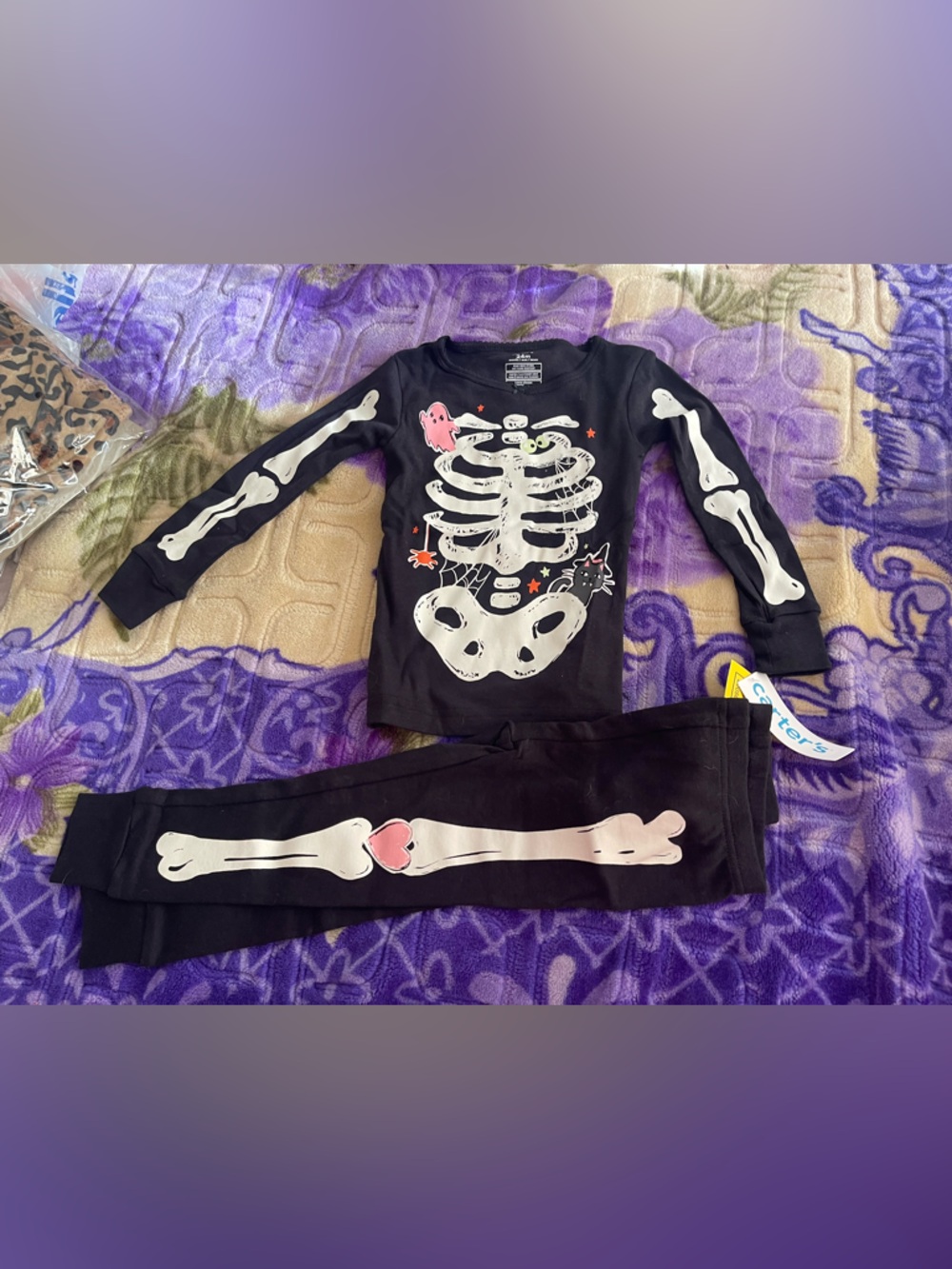 Carter's Black Skeleton Pajama Set with White Bones and Pink Heart Accent